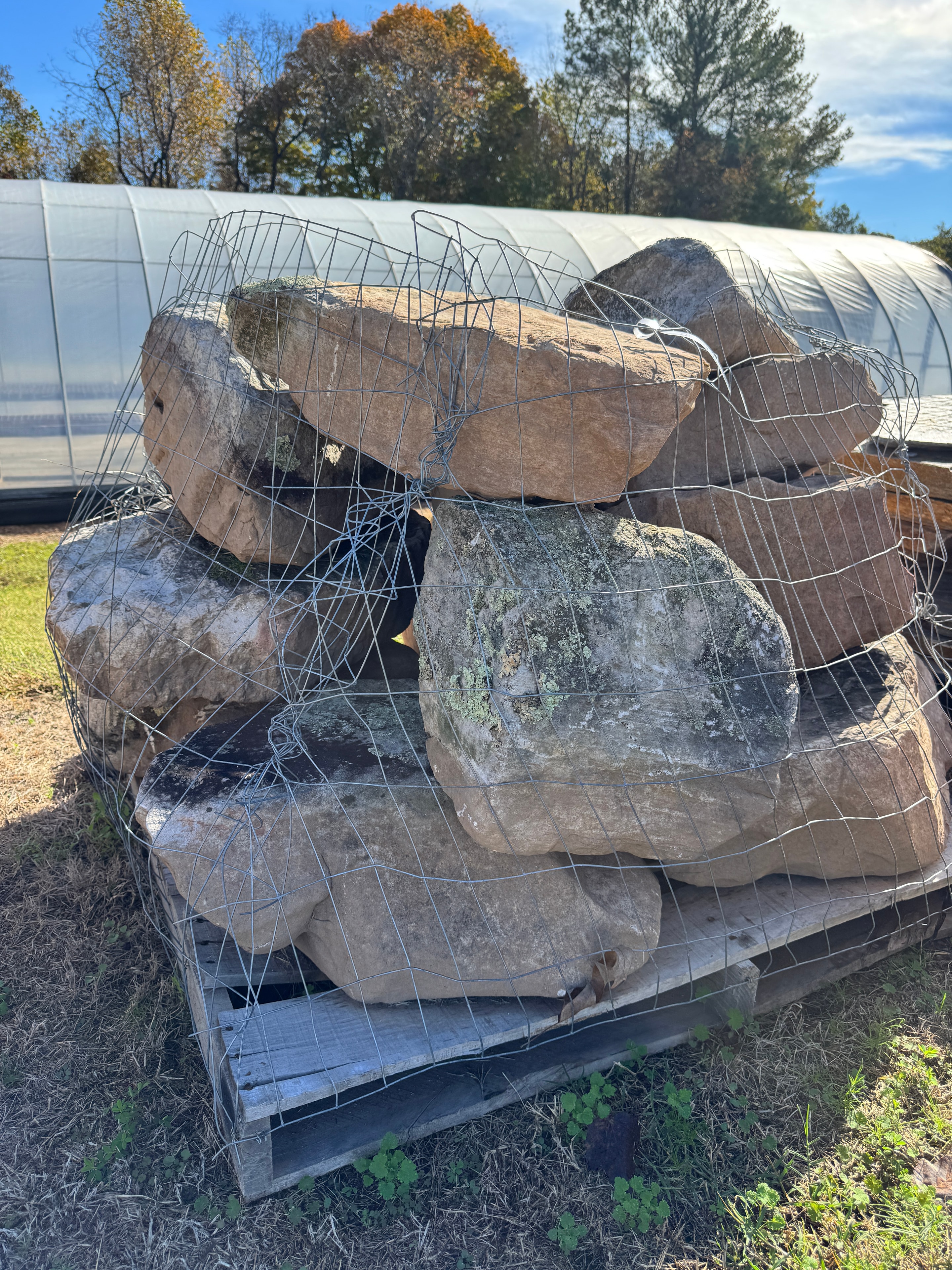 Wire-banded pallet of landscape boulders