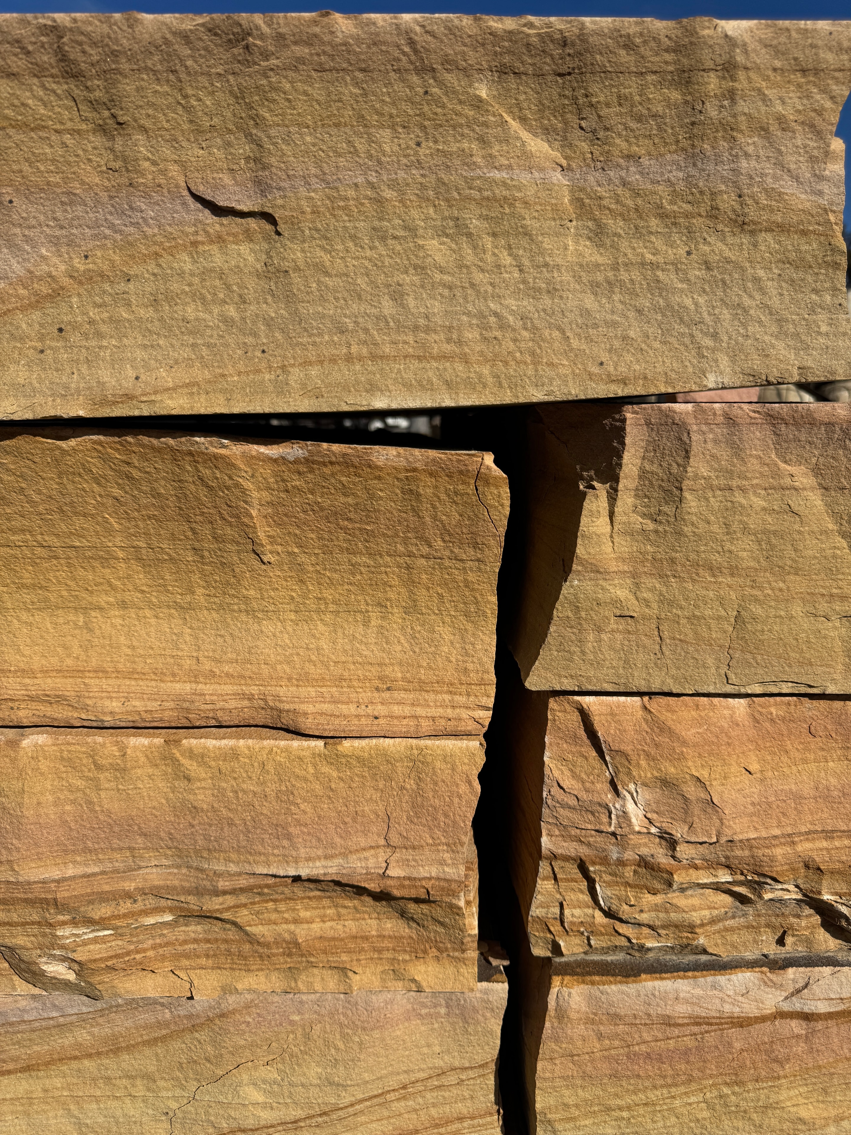 Close-up of gold and rust Crab Orchard sandstone stepper faces