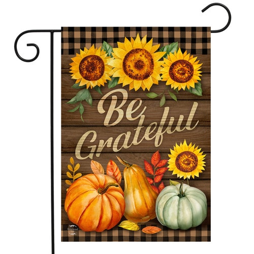 Be Grateful garden flag with sunflowers and gourds
