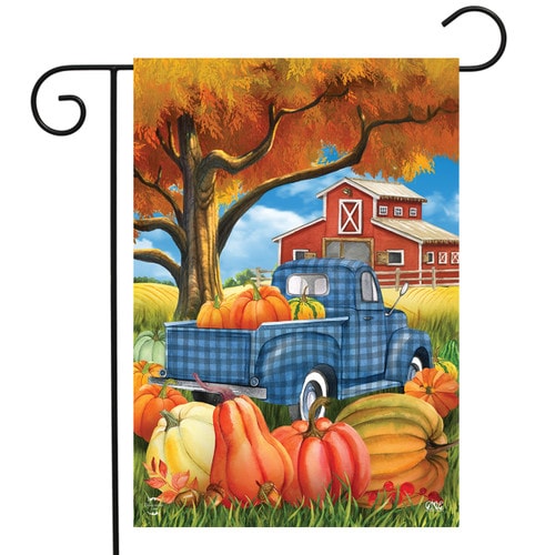 Fall garden flag with blue plaid truck and red barn