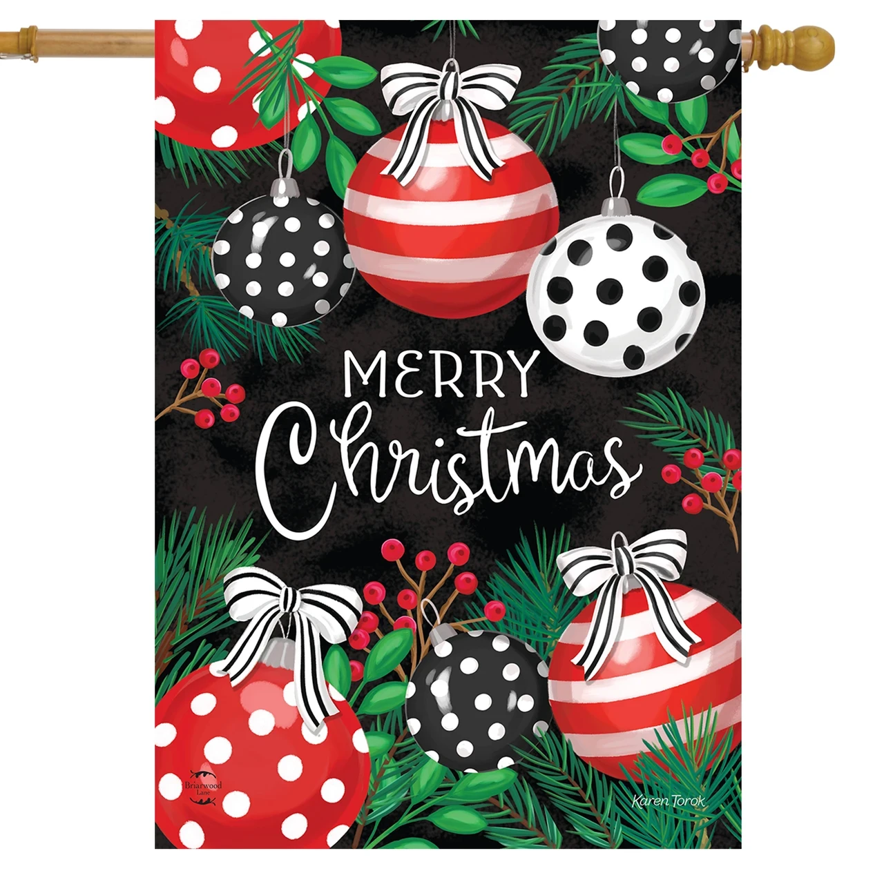 Merry Christmas house flag with painted ornaments in red, black and white among pine boughs and berries