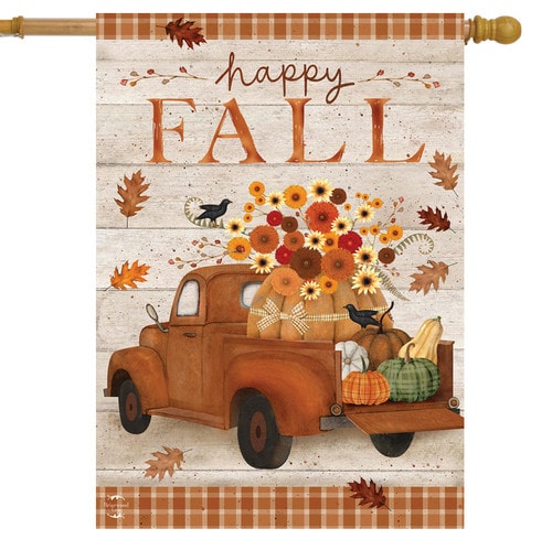 Happy Fall house flag with rust-orange vintage truck carrying autumn flowers and pumpkins on a wood-look background with plaid border