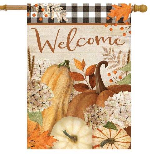 Fall farmhouse house flag with Welcome script, pumpkins, squash and cream hydrangeas under a buffalo-check border