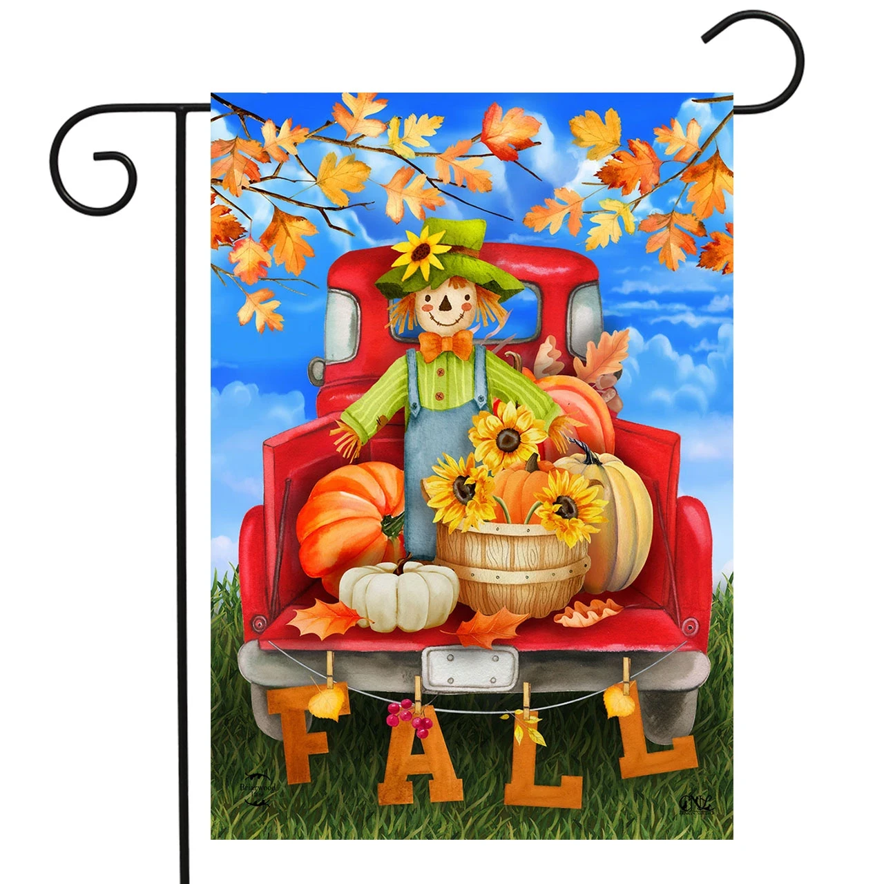 Fall garden flag with scarecrow and red truck full of pumpkins