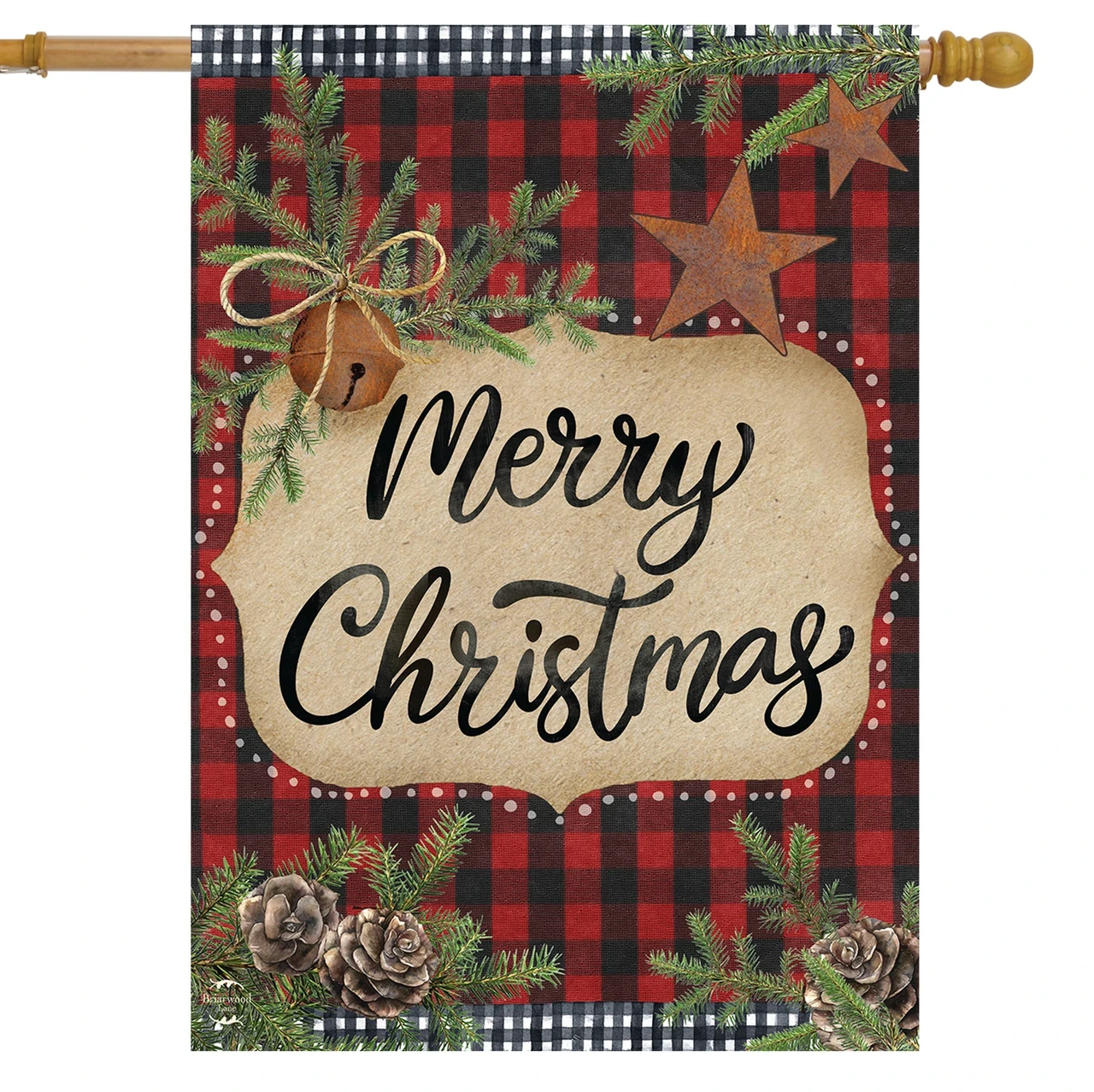 Farmhouse Merry Christmas house flag with red buffalo plaid, pine branches, pinecones and rusty stars