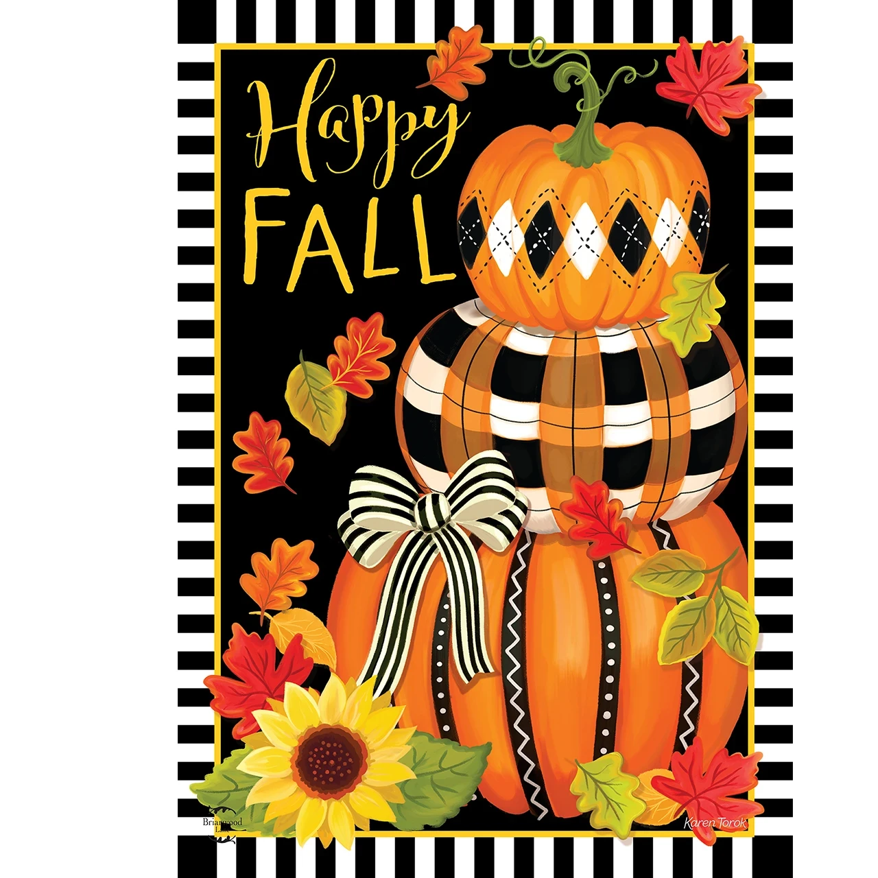 Happy Fall house flag with stacked patterned pumpkins, striped bow, sunflower and autumn leaves on a striped border