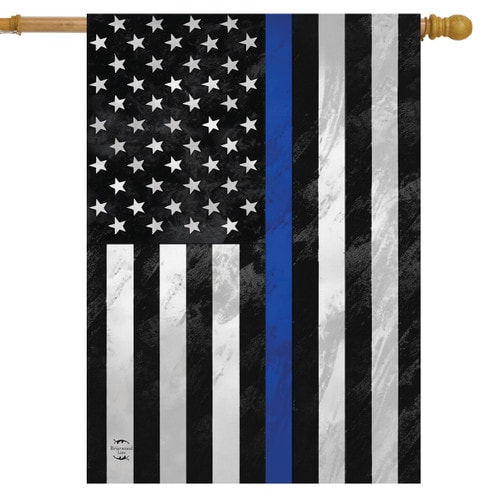 Honor Protect Serve house flag with weathered black, white and gray American flag and a thin blue line