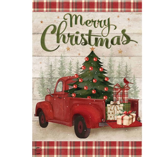 Merry Christmas garden flag with red truck carrying a tree