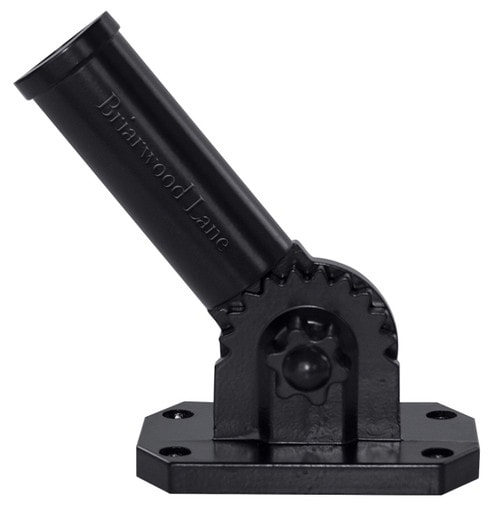 Black Briarwood Lane adjustable cast iron flag pole bracket with a gear-toothed tilt knob on a mounting base