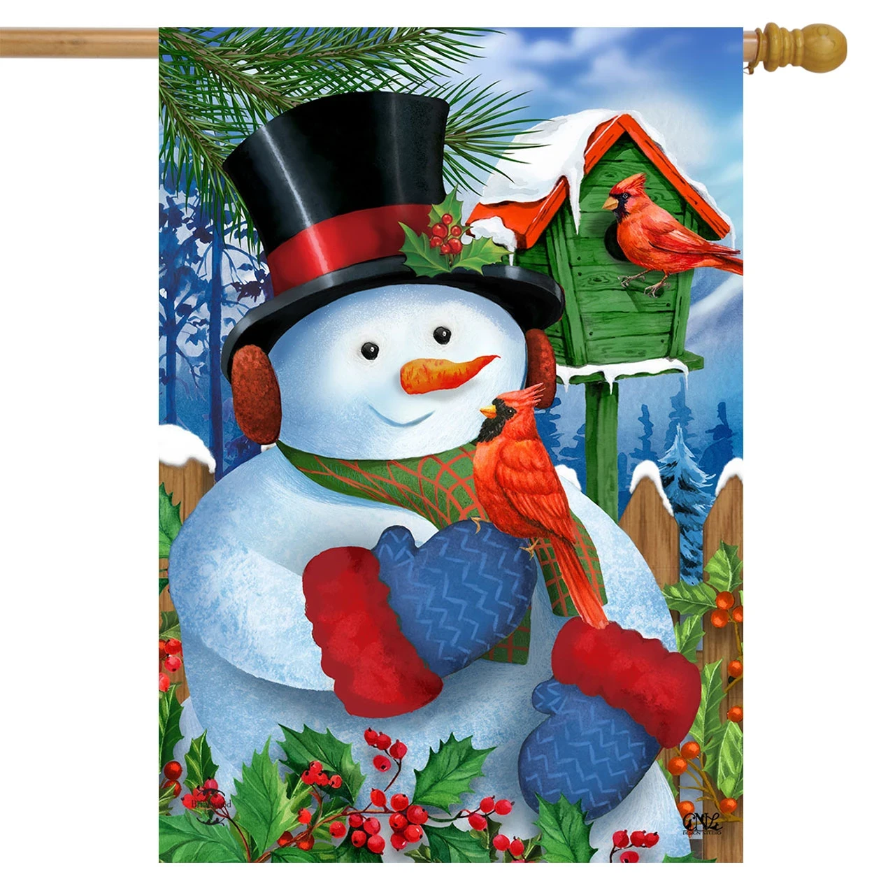 Snowman and Cardinals garden flag with a snowman, two cardinals, a birdhouse and holly berries