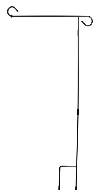 Three-piece black wrought iron garden flag stand holder with adjustable pole and ground stake