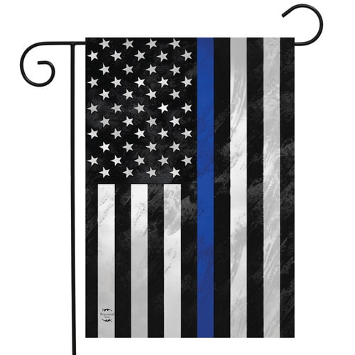 Thin blue line American flag garden flag on a stand