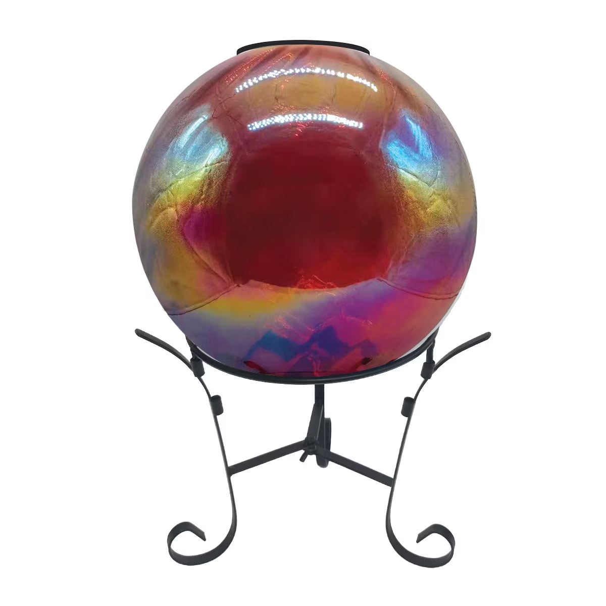 Pearl rainbow solar LED glass gazing ball on a black wrought iron stand