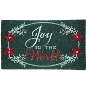 Joy to the World coir doormat in green with red poinsettias and pine bough wreath
