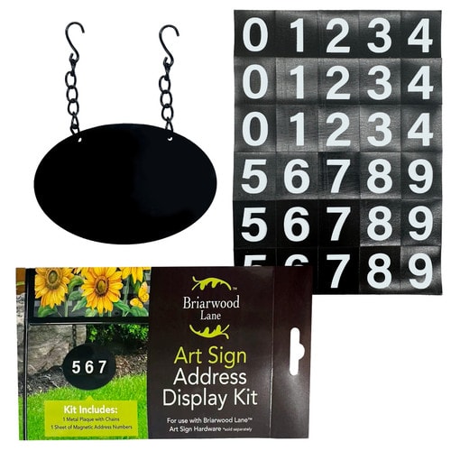 Briarwood Lane Art Sign address display kit with black oval hanging plaque, magnetic number sheets, and product packaging
