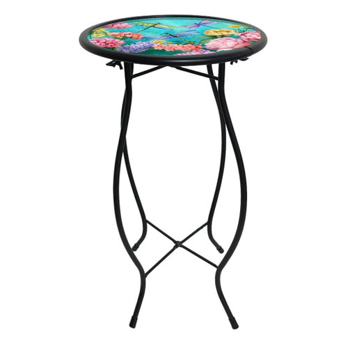 Tall black wrought iron plant stand with a round hand-painted glass top showing dragonflies over pink and blue flowers