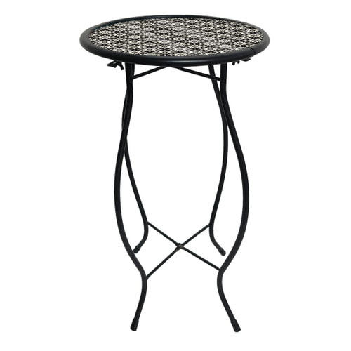 Round black plant stand with a black-and-white mosaic glass top on curved wrought iron legs