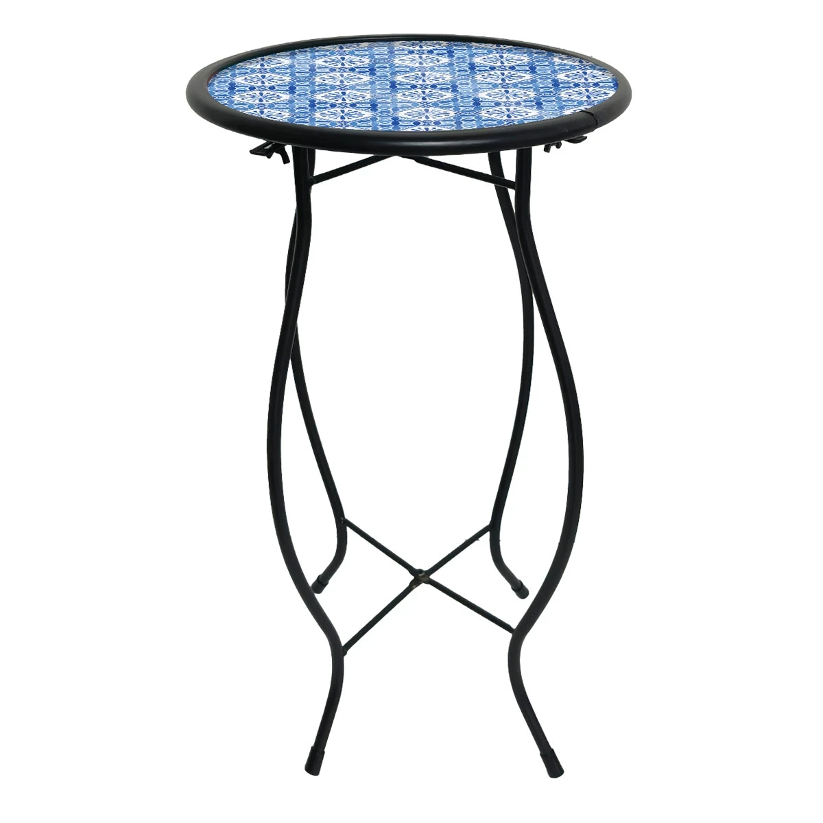 Tall black wrought iron plant stand with a round blue and white Mediterranean mosaic tile top