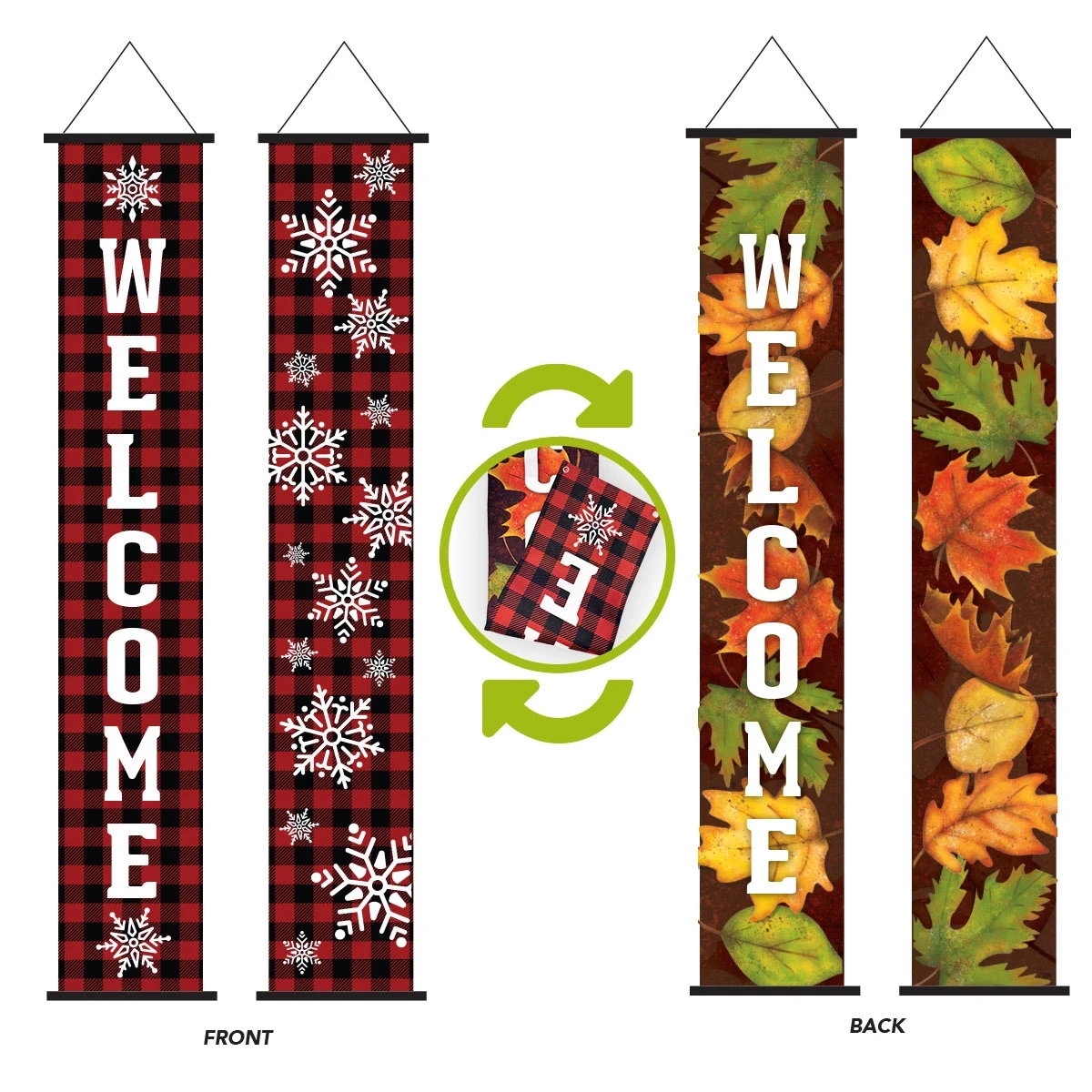 Reversible welcome porch banner with autumn leaves on one side and snowflakes on the other