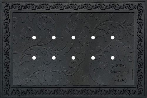 Black Briarwood Lane embossed outdoor rubber doormat tray with acanthus leaf scrollwork and drainage holes