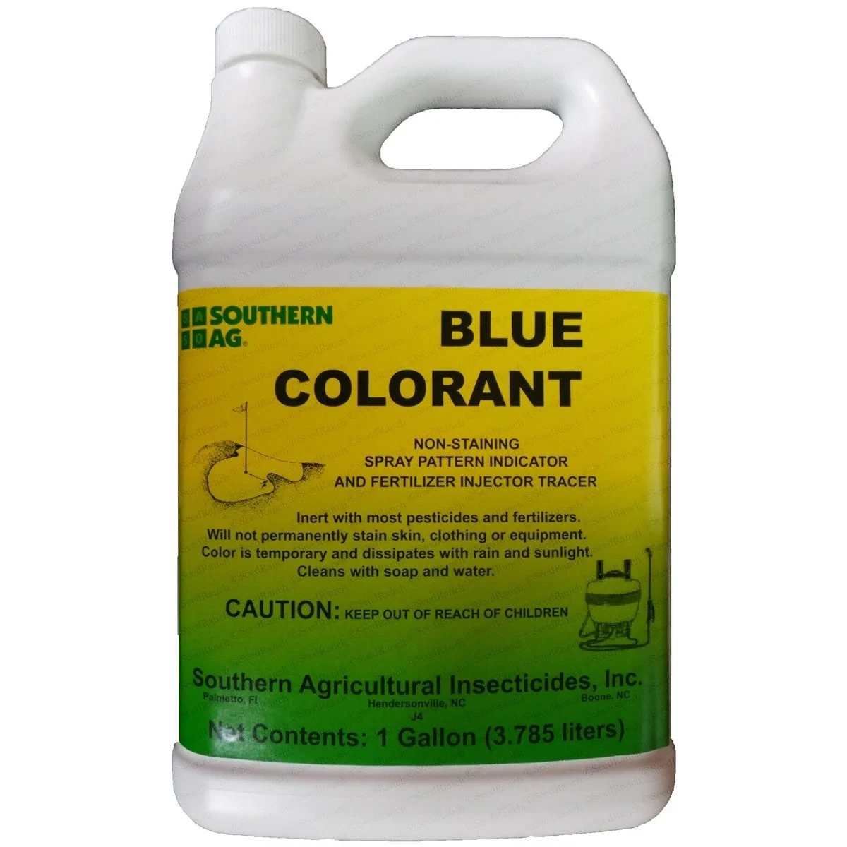 One-gallon jug of Southern Ag Blue Colorant spray pattern indicator with yellow and green label