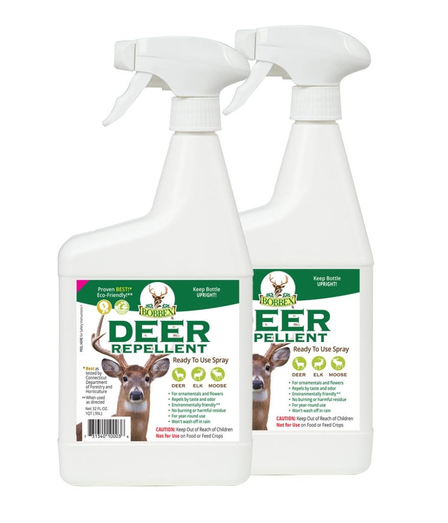 Two white spray bottles of Bobbex Deer Repellent ready-to-use with black trigger sprayers