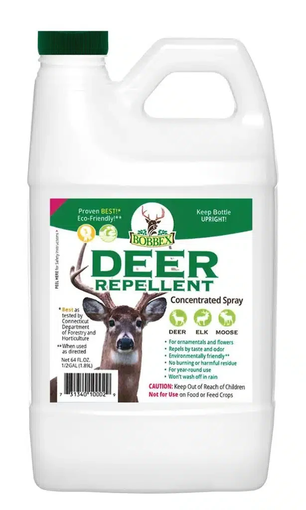 White half-gallon jug of Bobbex Deer Repellent concentrated spray with green label and deer photo