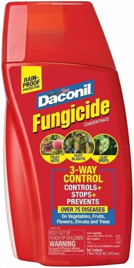 Red bottle of Daconil Fungicide concentrate with yellow label