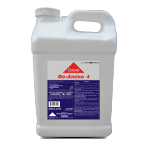 White plastic jug of De-Amine 4 herbicide with yellow label