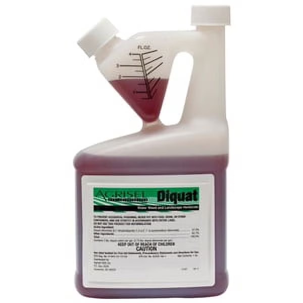Quart bottle of Diquat aquatic herbicide with red liquid and measuring chamber