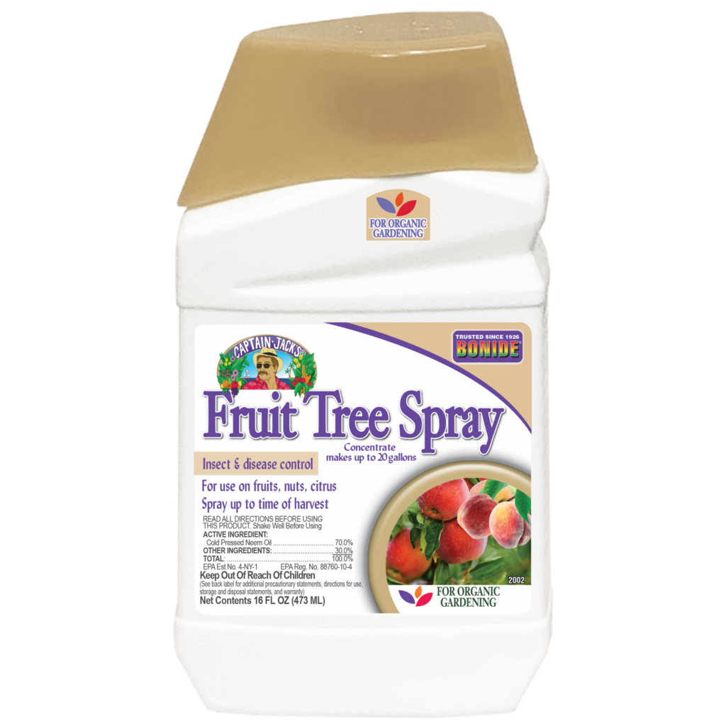 Bottle of Bonide Captain Jack's Fruit Tree Spray concentrate with dark label