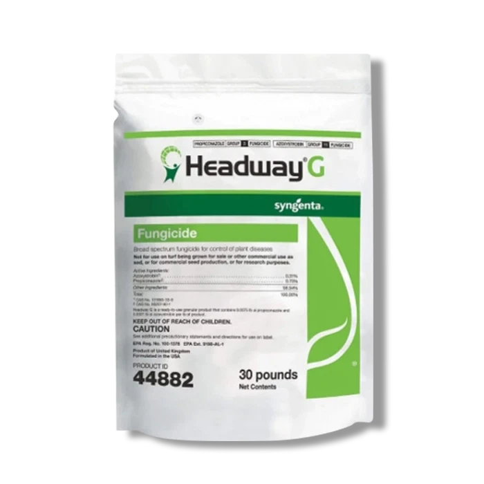 White and green 30-pound bag of Syngenta Headway G granular fungicide