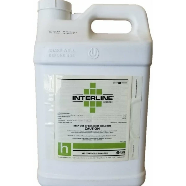 Two-and-a-half-gallon white jug of Interline herbicide with green label
