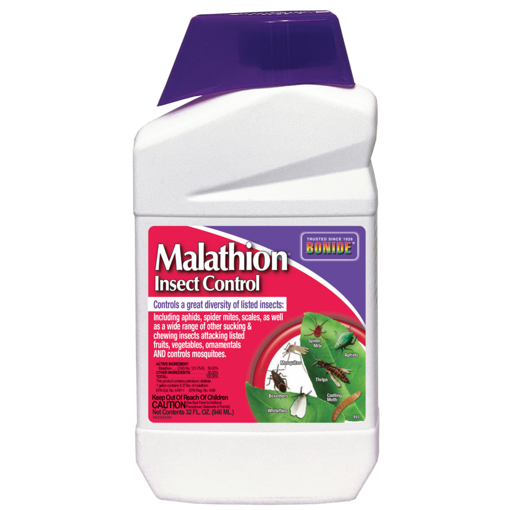 White quart bottle of Bonide Malathion Insect Control with purple cap