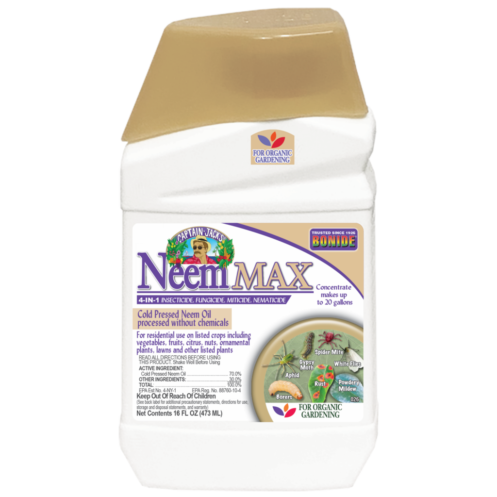 White 16-ounce bottle of Captain Jack's Neem Max cold-pressed neem oil concentrate