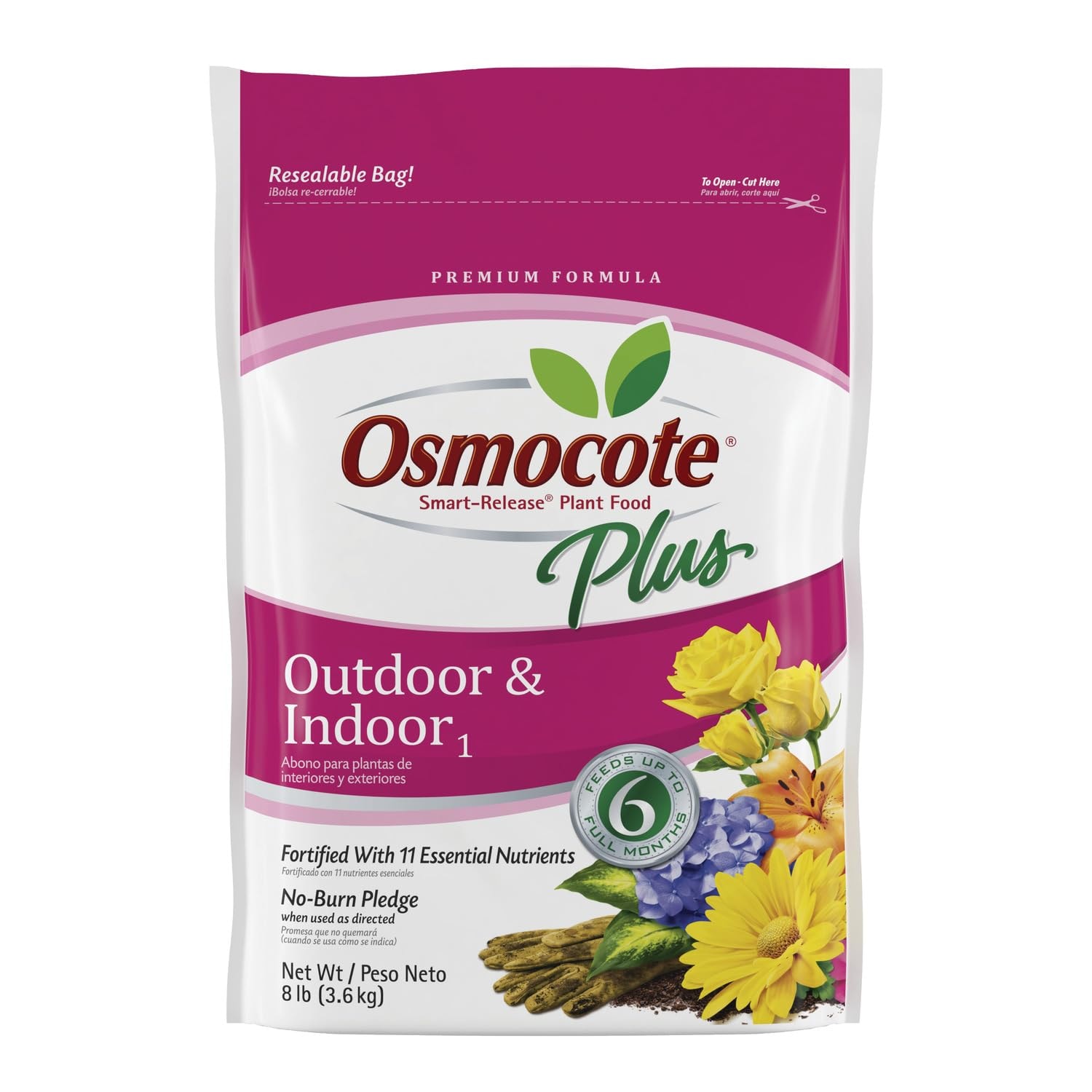 Eight-pound resealable bag of Osmocote Plus Outdoor and Indoor plant food with flowers on the label