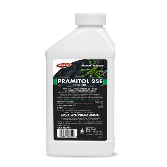 Quart bottle of Martin's Pramitol 25E herbicide with black and green label