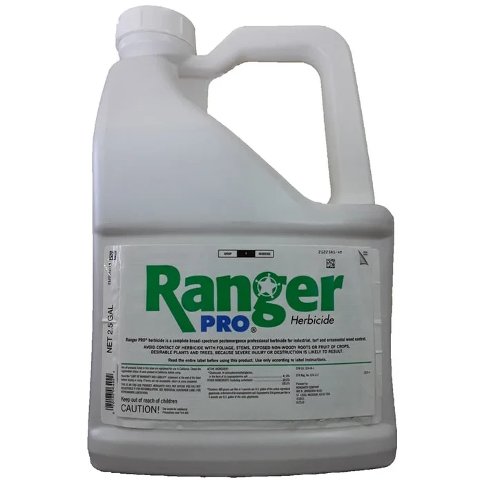 White two-and-a-half-gallon jug of Ranger Pro glyphosate herbicide with orange label