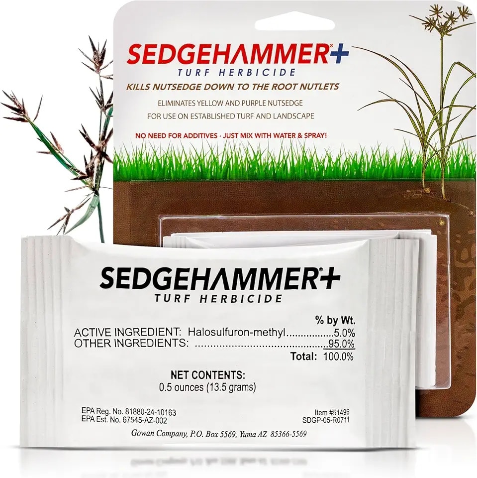 Sedgehammer Plus turf herbicide package with treatment packets shown against a grass and soil background