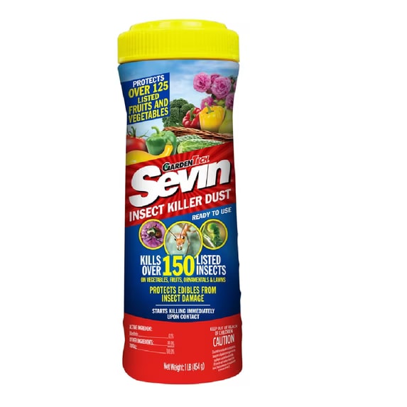 Red and yellow one-pound shaker bottle of Sevin Insect Killer Dust