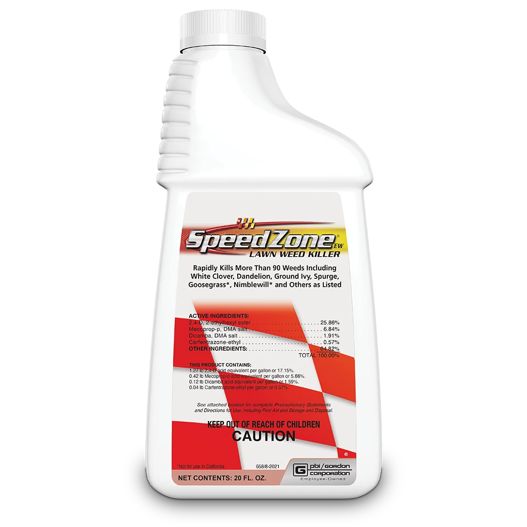 20-ounce bottle of SpeedZone EW lawn weed killer with red checkered flag label