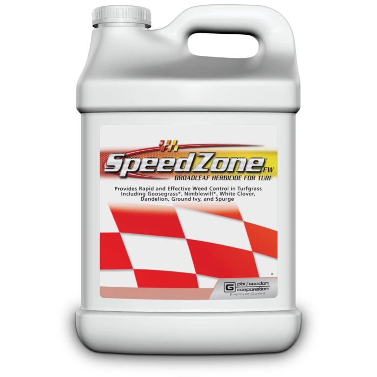 Two-and-a-half-gallon jug of SpeedZone EW broadleaf herbicide with red checkered flag label