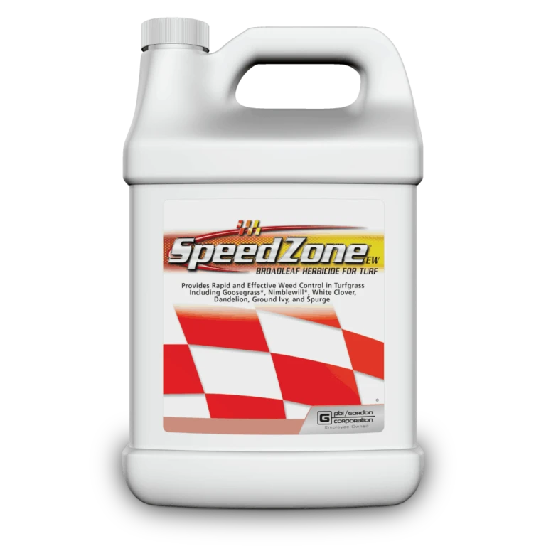 One-gallon jug of SpeedZone EW broadleaf herbicide for turf with red checkered flag label