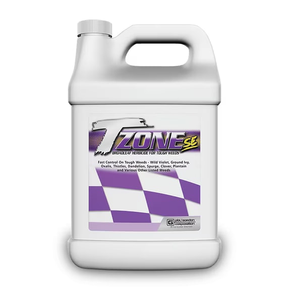 One-gallon jug of T-Zone SE broadleaf herbicide with purple checkered label