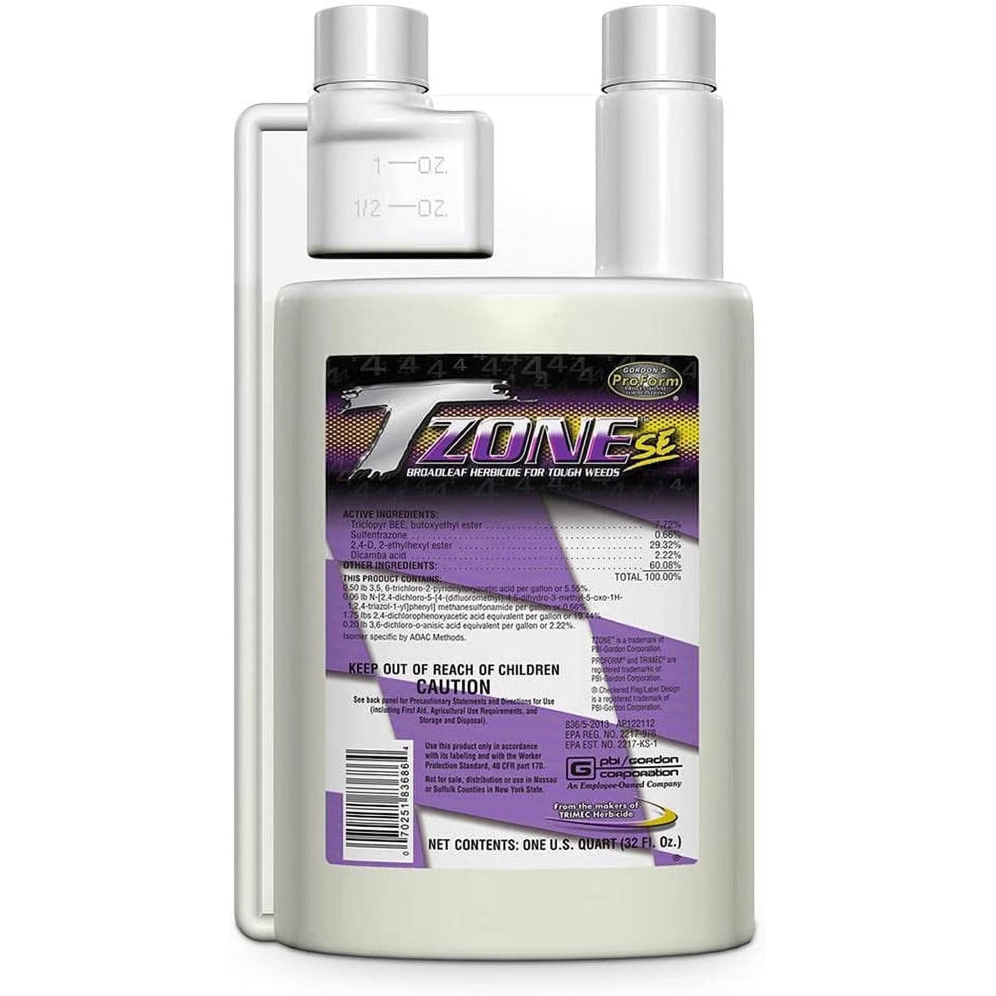 T-Zone SE herbicide quart bottle with built-in measuring chamber and back label