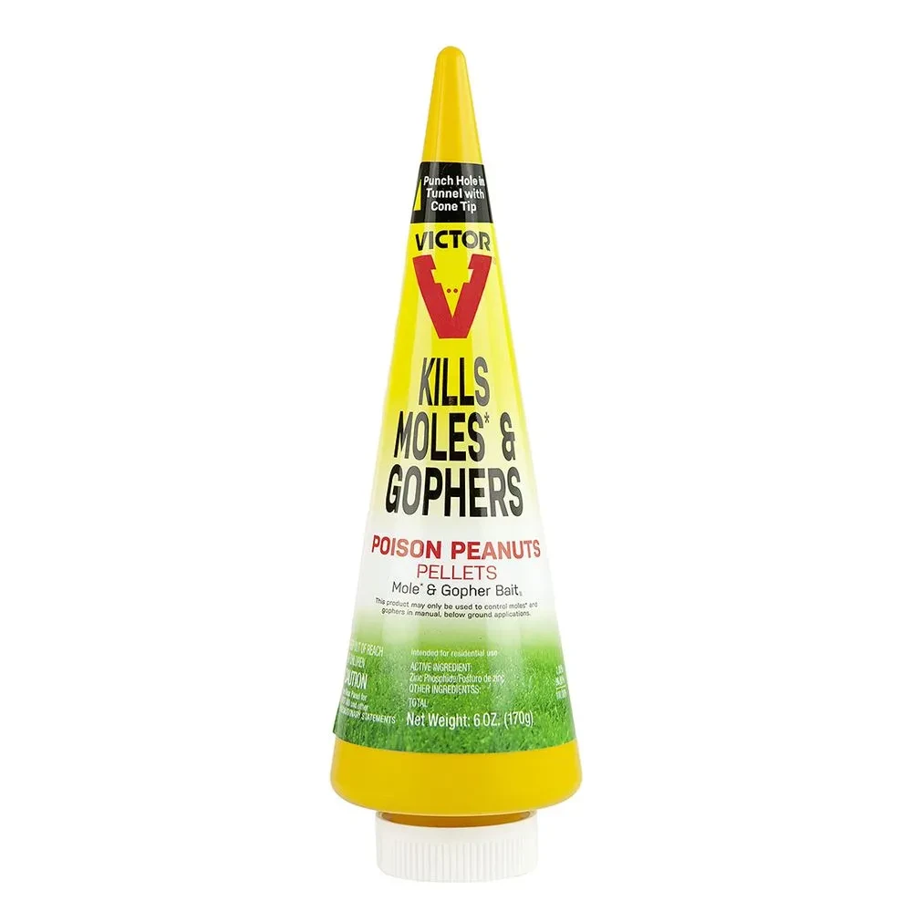 Yellow cone-shaped bottle of Victor Poison Peanuts mole and gopher bait with cone tip