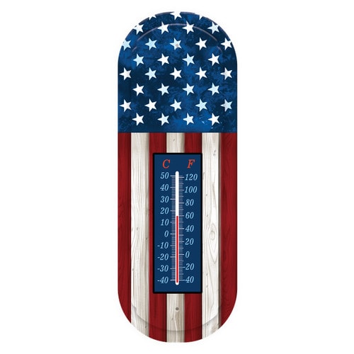 American flag metal thermometer with weathered wood-look stars and stripes and a blue temperature dial