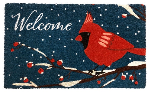 Welcome Cardinal coir doormat with a red cardinal on a snowy berry branch against a deep blue ground